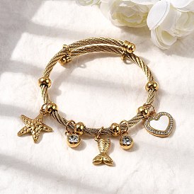 304 Браслеты с подвесками из нержавеющей стали для женщин, морская звезда, рыбий хвост и сердце, с 201 бусинами из нержавеющей стали, стразами и ракушками, ионное покрытие (ip)