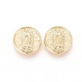 Brass Beads, Long-Lasting Plated, Flat Round with Virgin Mary