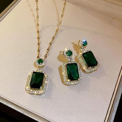 Прямоугольные латунные серьги и ожерелья с подвесками из кубического циркония
