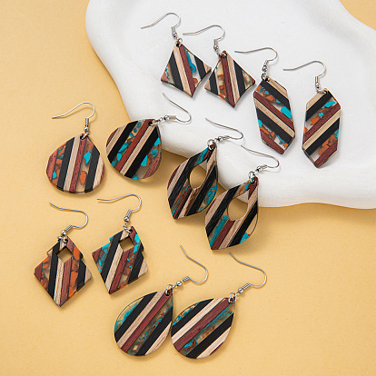 Богемные серьги-подвески из дерева и смолы, платина, узоров