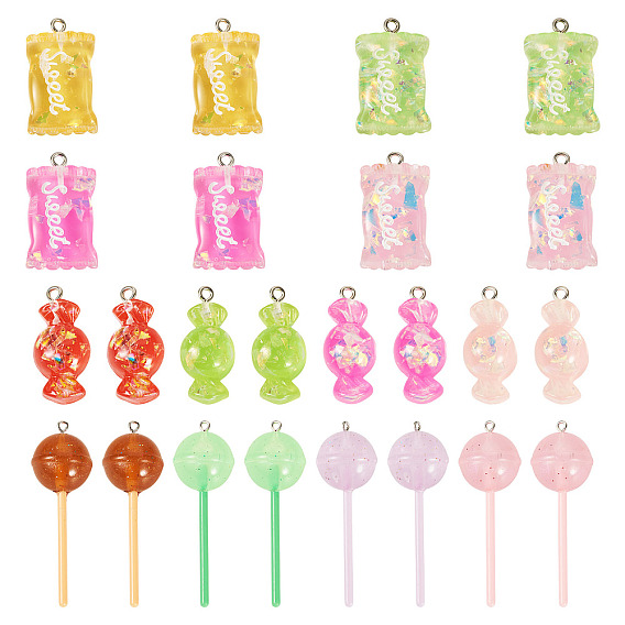24 шт. 12 стили, подвески из смолы с имитацией еды, с платиновыми железными петлями и блестящей пудрой, разнообразные