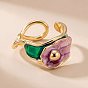 Brass Enamel Cuff Open Rings for Women, Flower, Golden