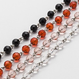 Hechos a mano facetas redondas cadenas de perlas de vidrio para collares pulseras hacer, con alfiler de hierro, sin soldar