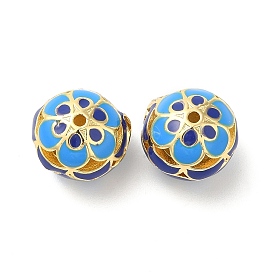 Brass Beads, with Enamel, Cadmium Free & Lead Free, Real 18K Gold Plated, Rondelle with Flower