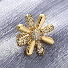 Латунные кольца-манжеты с микропаве и прозрачным цирконием для женщин, цветок, долговечный, без свинца и без кадмия