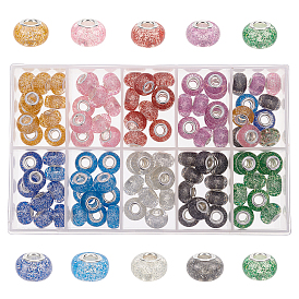 Европейские бусины из эпоксидной смолы, бусины с большим отверстием, с блестящим порошком и двойными сердечниками из платиновой меди, рондель