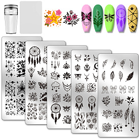5Шаблоны для дизайна ногтей из нержавеющей стали своими руками, шаблонный инструмент, прямоугольные, 1шаблоны изображений для дизайна ногтей из пластиковых пакетов, с силиконовой печатью и скребком