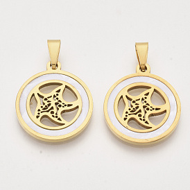 201 Stainless Steel Pendants, with Shell and Random Size Snap on Bails, Flat Round with Starfish/Sea Stars