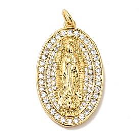 Rack Plating Brass Micro Pave Clear Cubic Zirconia Pendants, with Jump Ring, Cadmium Free & Nickel Free & Lead Free, Oval with Saint