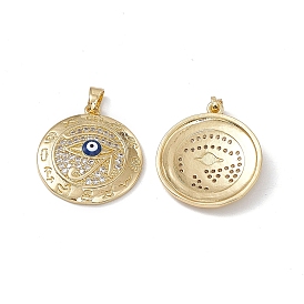 Brass Clear Cubic Zirconia Pendant with Enamel Evil Eye, Flat Round with Eye of Ra Charm