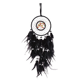 Indian Style Retro Woven Net/Web with Feather Natural Pebble Tree Hanging Decoration, with Imitation Pearl Resin Wall Hanging Wall Decor