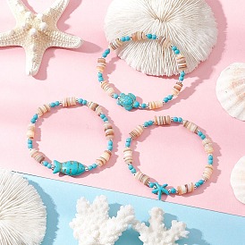 3Pcs Natural Freshwater Shell Beaded Stretch Bracelets, Stackable Bracelets for Women, Tortoise & Starfish & Fish, with Synthetic Turquoise Chip