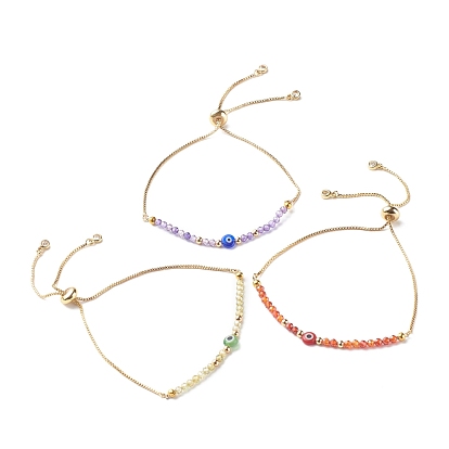 Brass Slider Bracelets, with Cubic Zirconia Beads, Handmade Evil Eye Lampwork Flat Round Beads
