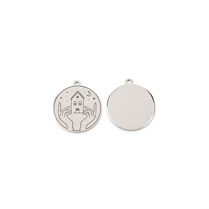 304 Stainless Steel Pendants, Flat Round with House Pattern