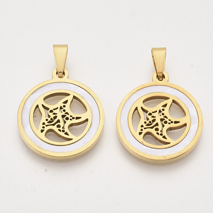 201 Stainless Steel Pendants, with Shell and Random Size Snap on Bails, Flat Round with Starfish/Sea Stars