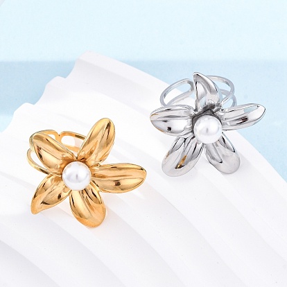 Цветок 304 манжетные кольца из нержавеющей стали, с пластиковой имитацией жемчуга
