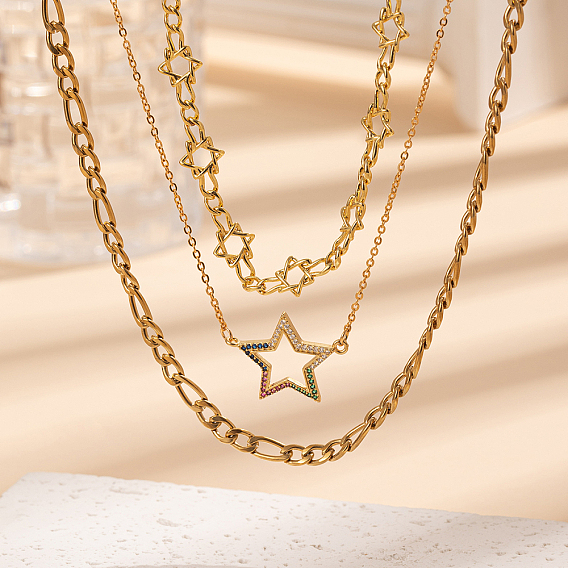 201 Подвеска в форме звезды из нержавеющей стали и латуни с разноцветными кубическими циркониями 3 Многослойные модные хип-хоп ожерелья для женщин