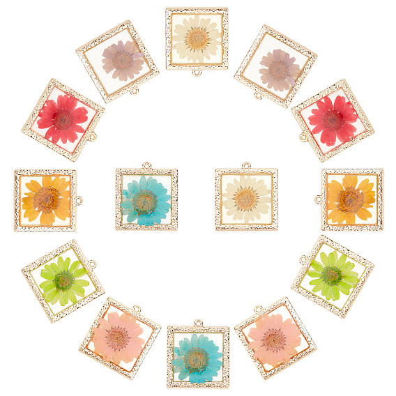 Epoxy Resin Pendants, with Dried Flower Inside and Light Gold Plated Alloy Open Back Bezel, Square