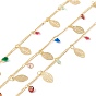Handmade Cubic Zirconia Cone & Brass Leaf Charms Chain, with Curb Chains, Real 18K Gold Plated, Lead Free & Cadmium Free, Soldered, with Spool