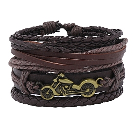 4Pcs 4 Style Adjustable Braided Imitation Leather Cord Bracelet Sets, Alloy Motorcycle Stackable Bracelets for Men