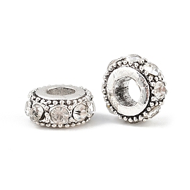 Плоские круглые античный посеребренные сплав горный хрусталь европейских бусы, бусины с большим отверстием, 14~15x6~7 мм, отверстие : 5 мм