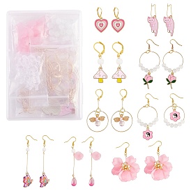 DIY Pink Drop Earring Making Kits, Including Flower & Cat & Bee Alloy & Glass & Acrylic Pendants, Imitation Jade Glass Beads, Brass & 316 Surgical Stainless Steel Earring Findings