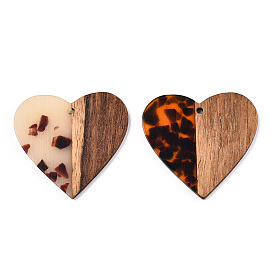 Transparent Resin & Walnut Wood Pendants, Heart Charms