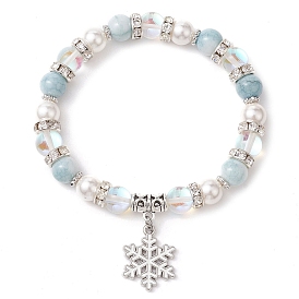 8mm Round Synthetic Moonstone & Shell Pearl Beaded Stretch Bracelets, Christmas Snowflake Brass Charm Bracelets for Women