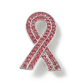 Breast Cancer Awareness Pink Ribbon Rhinestone Brooch Pin, Platinum Plated Alloy Badge for Backpack Clothes