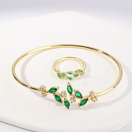 Модные комплекты из латунных браслетов и колец с кубическим цирконием в форме листьев для повседневной носки
