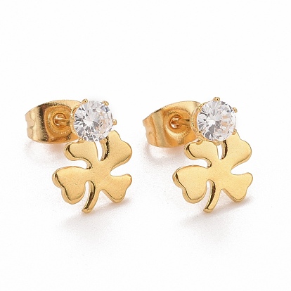 Clover 304 Stainless SteelStud Earrings, with 316 Stainless Steel Pin & Glass Imitation Cubic Zirconia