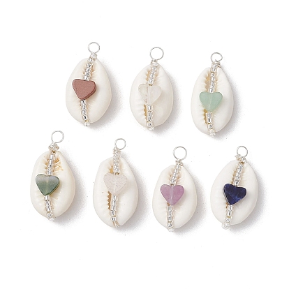 7шт. 7 стили подвески из натурального камня и натуральной ракушки каури, подвески в форме ракушки из медной проволоки с цилиндрическим бисером, серебряный цвет гальваническим