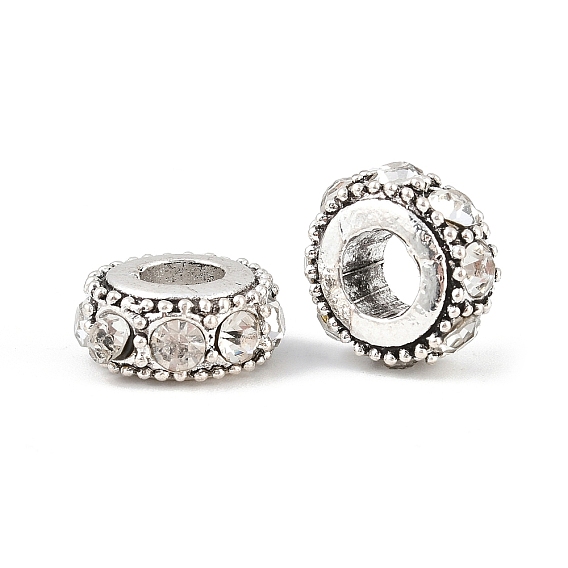 Плоские круглые античный посеребренные сплав горный хрусталь европейских бусы, бусины с большим отверстием, 14~15x6~7 мм, отверстие : 5 мм