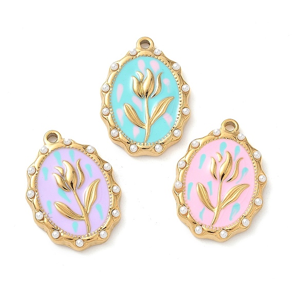 304 нержавеющей стальной эмали подвески, с абс пластмассовой имитационной жемчужиной, ионное покрытие (ip), овал с цветочной подвеской, реальный 18 k позолоченный