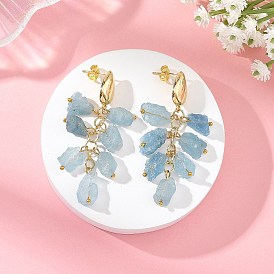 Серьги-подвески из латуни с необработанными натуральными бусинами аквамарина, золотые
