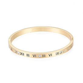 Roman Numeral Brass Hinged Bangle with Crystal Rhinestone for Women