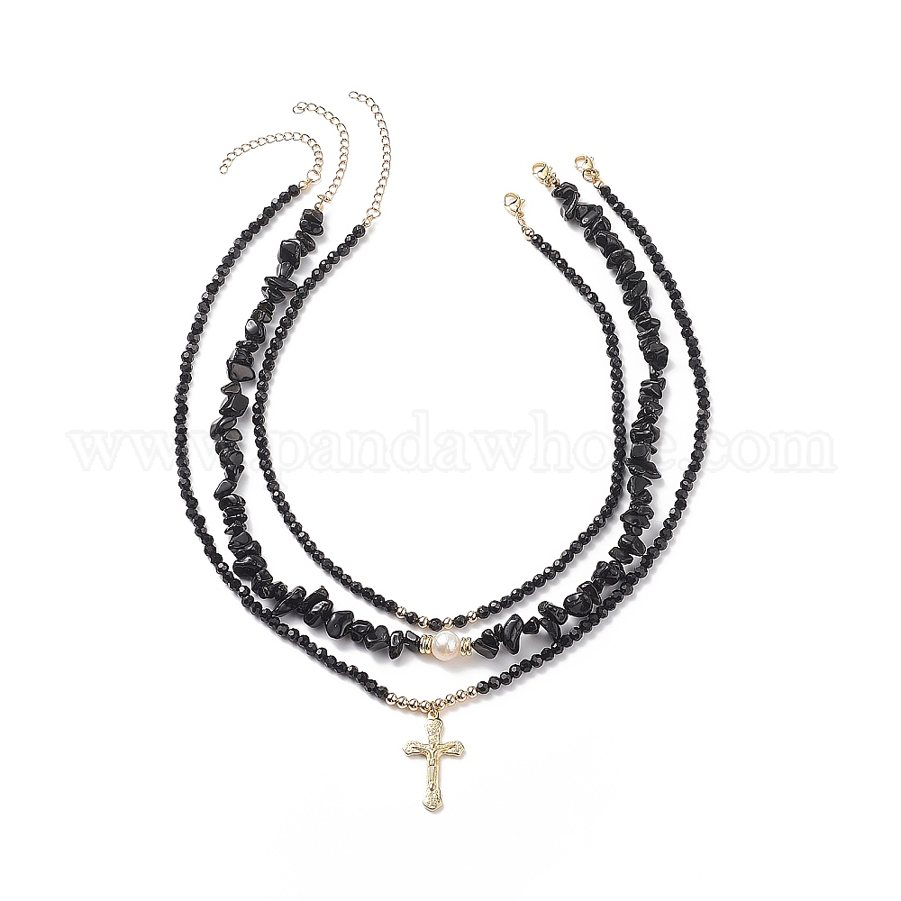 Fábrica de China 3 piezas 3 estilo 304 conjunto de collares de corss de acero Collares apilables con cuentas de ónix negro natural, obsidiana y perla para 14.96~19.29 pulgada (