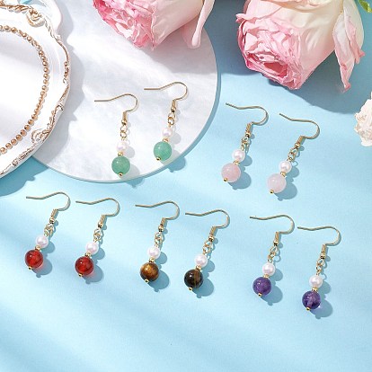 Круглые серьги-подвески из натурального камня для женщин, золотые