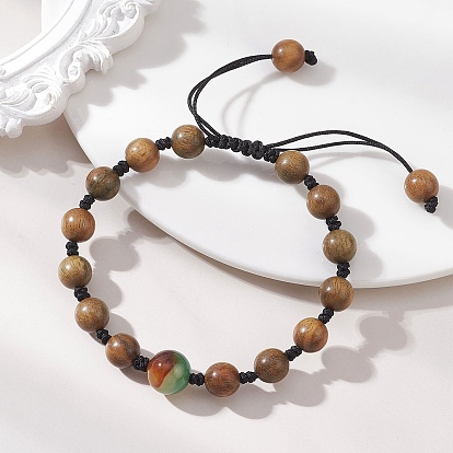 Регулируемые браслеты из дерева и натурального агата павлиньего пера для женщин и мужчин., круглые