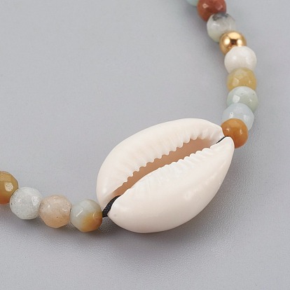 Natural Gemstone Braided Bead Bracelets, with Cowrie Shell