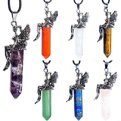 Natural Gemstone Pointed Faceted Bullet Big Pendants, Butterfly Angel Charms, with Platinum Tone Alloy Findings