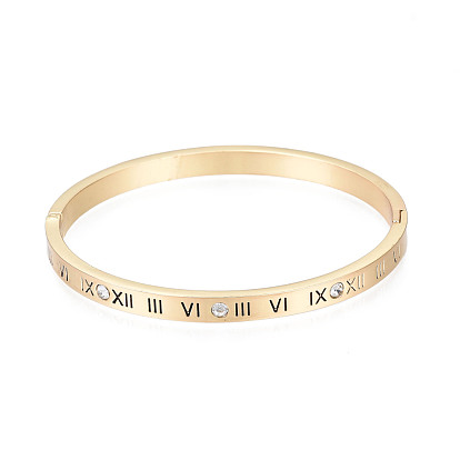 Roman Numeral Brass Hinged Bangle with Crystal Rhinestone for Women