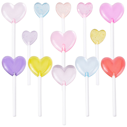 52Pcs 13 Style Resin Cabochons, with Plastic Handle and Paillette/Sequins, Heart Lollipop