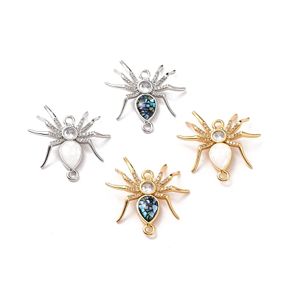 Rack Plating Brass Micro Pave Cubic Zirconia Connector Charms, with Enamel & Natural Shell, Long-Lasting Plated, Real 18K Gold Plated, Spider
