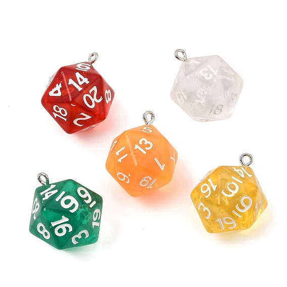 Transparent Resin Pendants, D20 Dice Charms, with Platinum Iron Loop