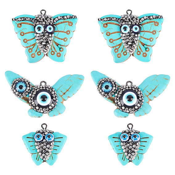 Nbeads 6Pcs 3 Style Synthetic Turquoise Pendants, with Polymer Clay Rhinestones, Evil Eye Resin and Gunmetal Iron Loop, Dyed, Butterfly