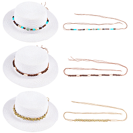 3шт. 3 стили: деревянные бусины и полиэстер, декоративный ремешок для винтажной ковбойской шляпы