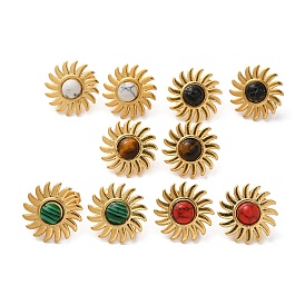 Natural Mixed Gemstone Sun Stud Earrings, Golden 304 Stainless Steel Earrings
