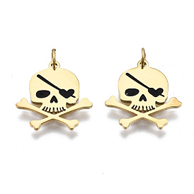 316 Surgical Stainless Steel Enamel Charms, with Jump Rings, Skull, Black
