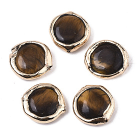 Natural Tiger Eye Beads, with Light Gold Plated Polymer Clay Edge, Flat Round